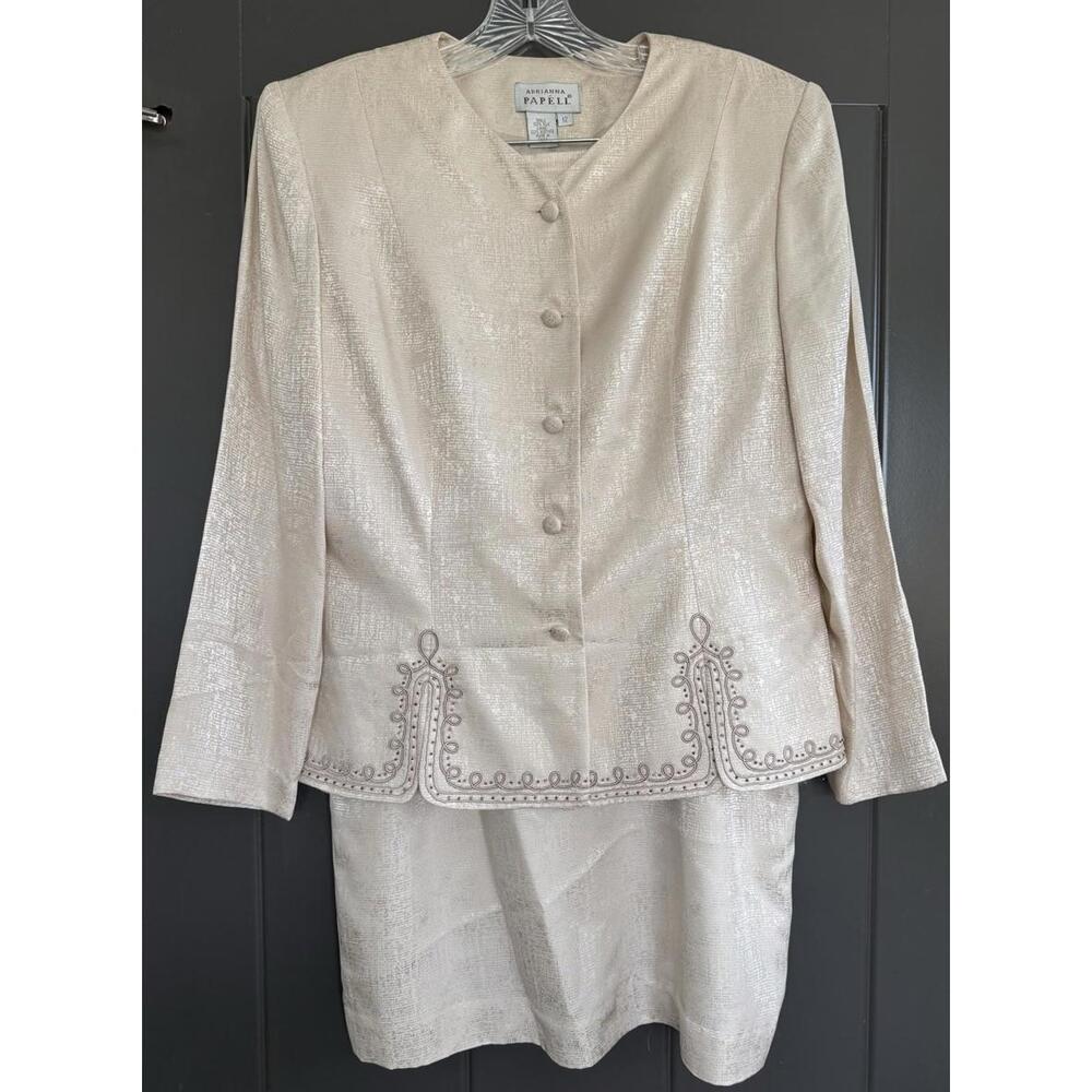 Adrianna Papell 100% Silk 2Pc Skirt Suit 12 Champagne MOB Wedding Church Formal